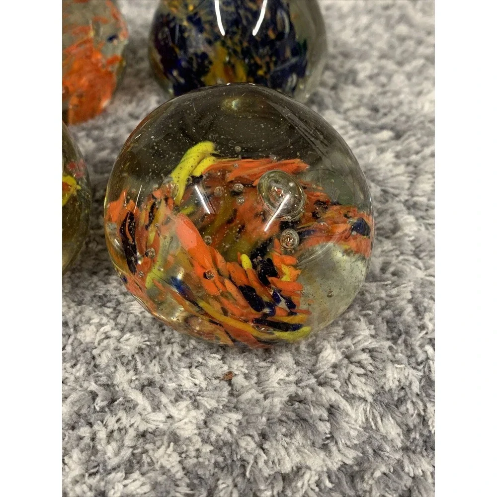 4 Hand Blown Art Glass Paperweight Bubble Sphere Yellow‎ Orange Blue Red